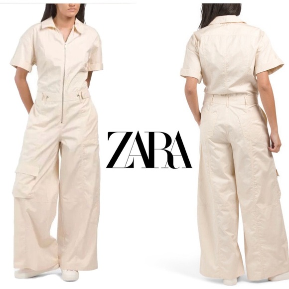 Zara Pants - Zara cream short sleeve cargo wide leg jumpsuit Sz S pockets front zip NWOT